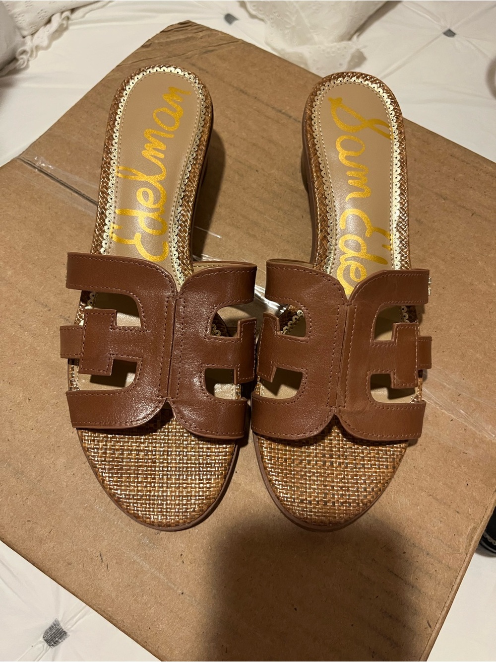 Sam Edelman Tan Brown Leather Cutout Slide Sandals  NWT